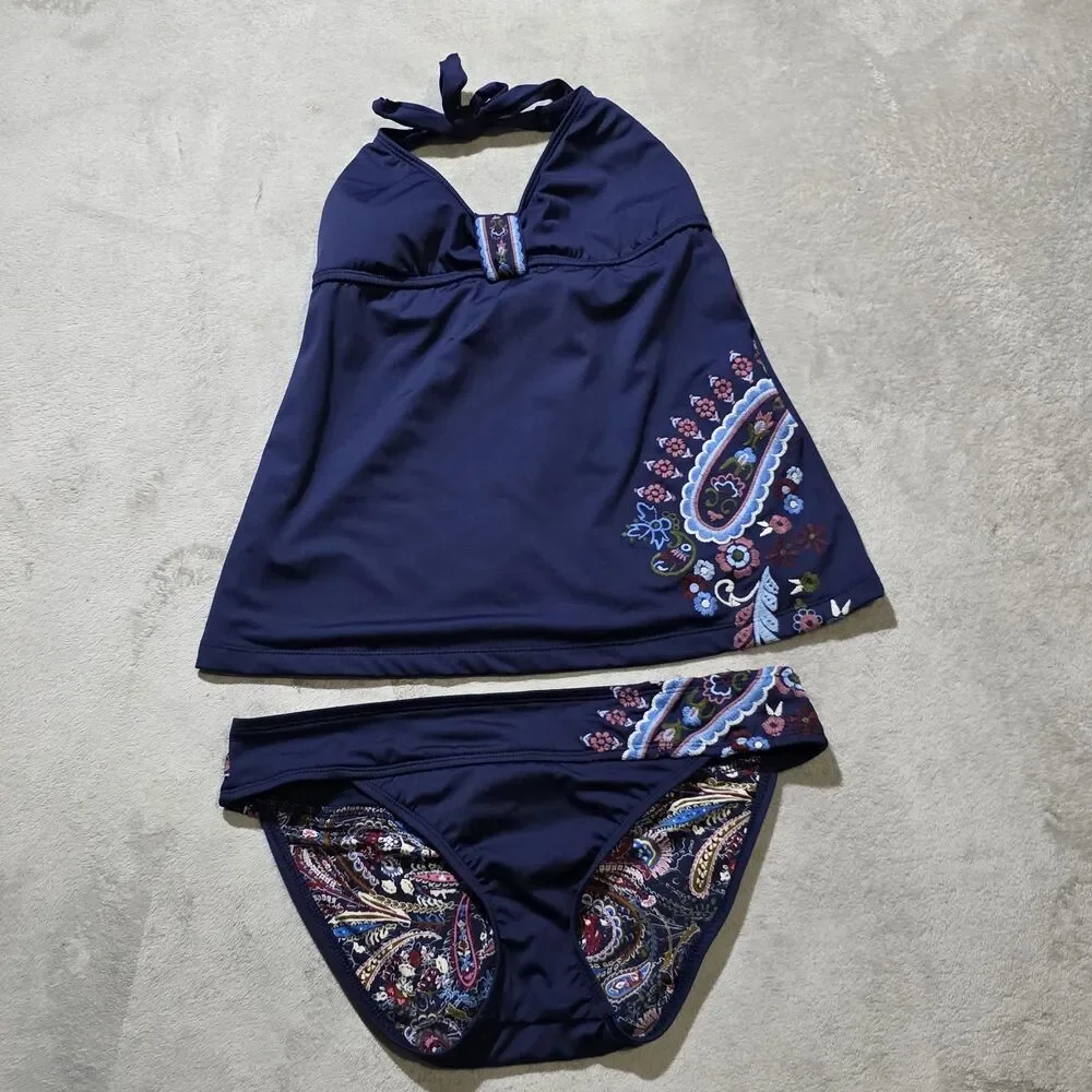 Lucky Brand 2 Piece Bathing Suits Bikini Blue Embroidered Sz M
